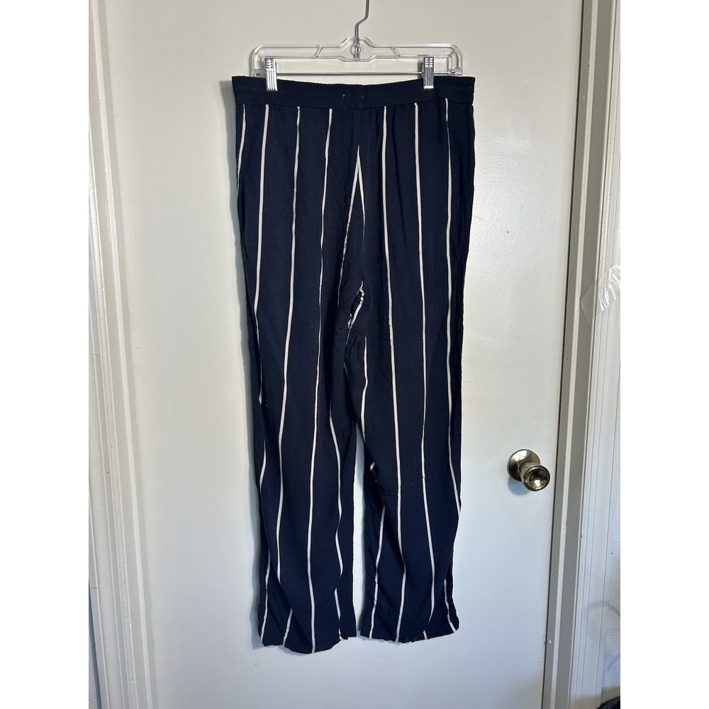 H&M L.O.G.G. Women's Navy Blue White Striped Wide Leg Linen Blend Pants Size 12 - Picture 8 of 9